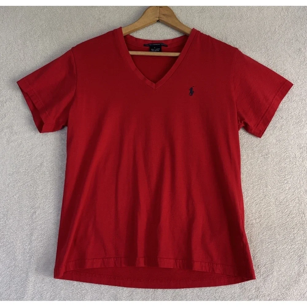 Ralph Lauren Sport Womens Red V Neck T Shirt Navy Pony Logo Size L 0810